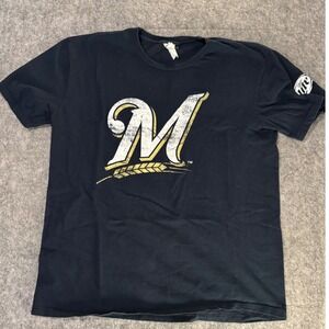 Milwaukee Brewers MLB T-Shirt Mens XL‎ Navy Blue Miller Lite Sleeve Logo Cotton
